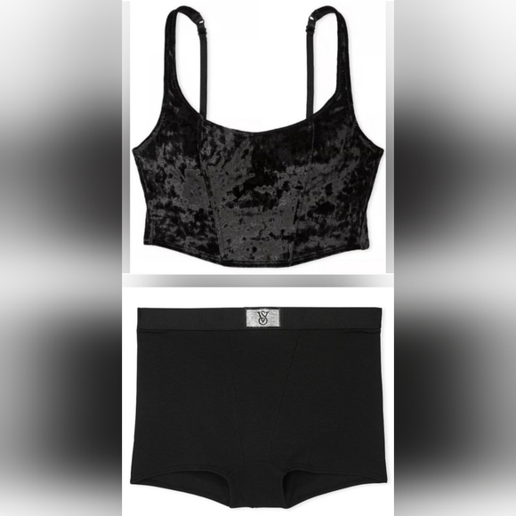 S/S ❤️Victoria's Secret PINK Velvet Corset Top VS Shine Patch Panty Set Black - Picture 1 of 4